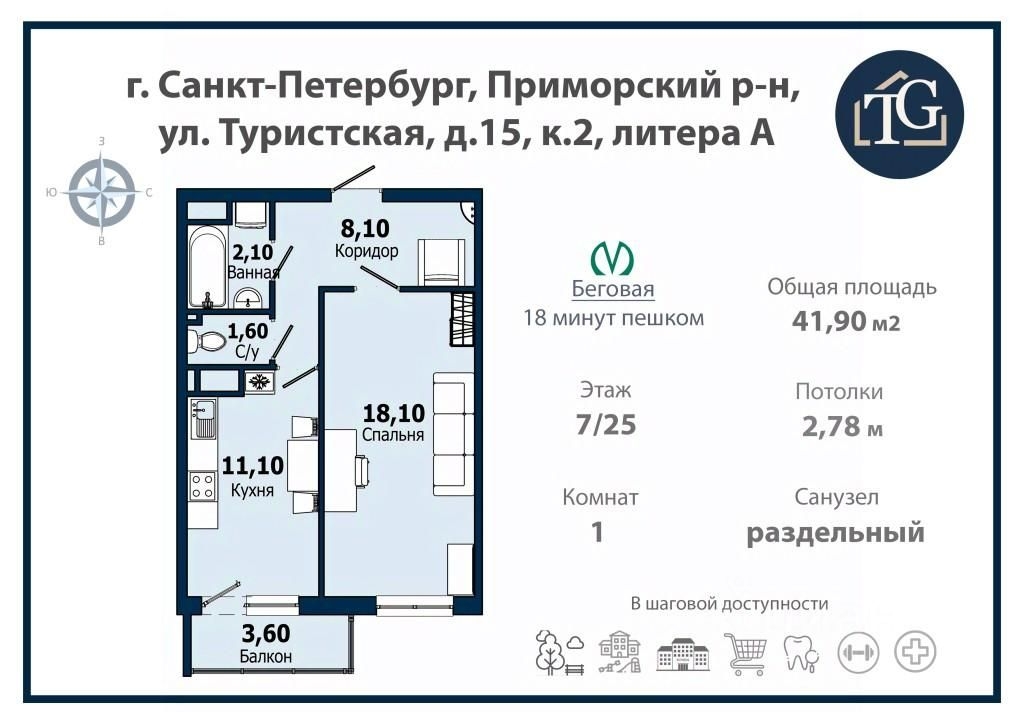 1-комнатная квартира в Приморском районе, рядом с метро. 41,9 м²