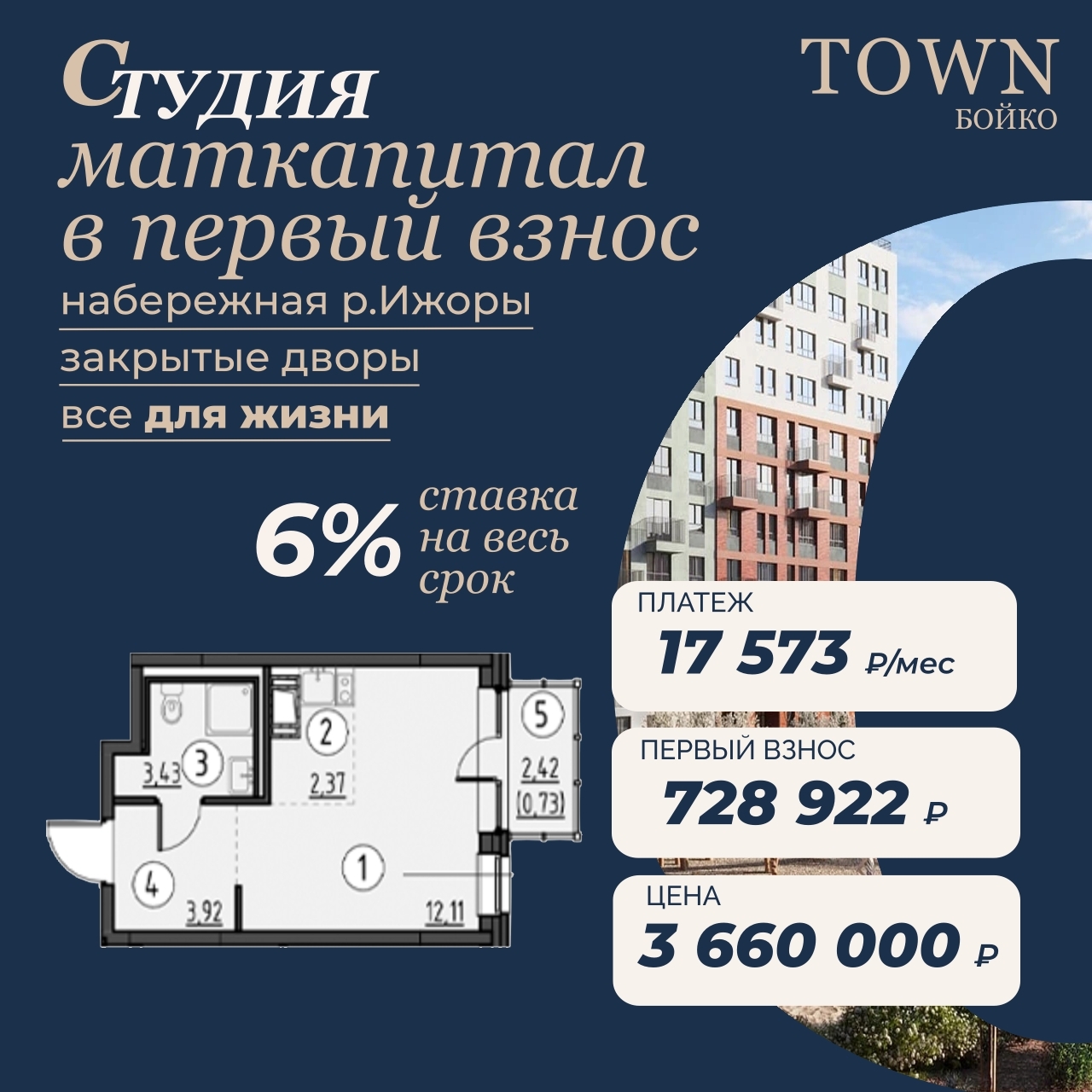 Студия за счёт маткапитала с платёжом в 17 573 ₽
