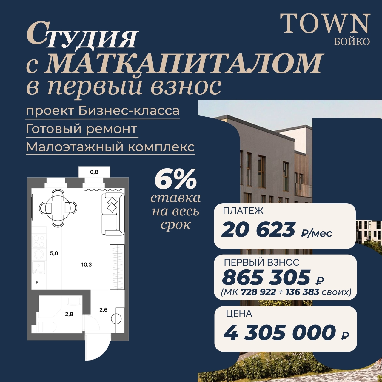 Студия в ЖК бизнес-класса с маткапиталом в первый взнос и