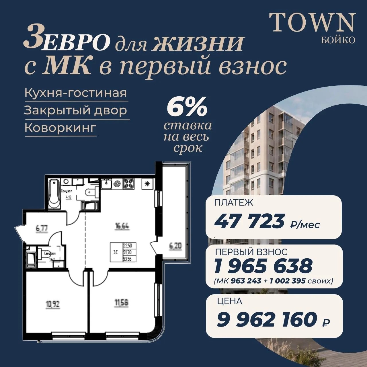 Я нашла 3Е квартиру площадью 53,56 м² с двумя спальнями