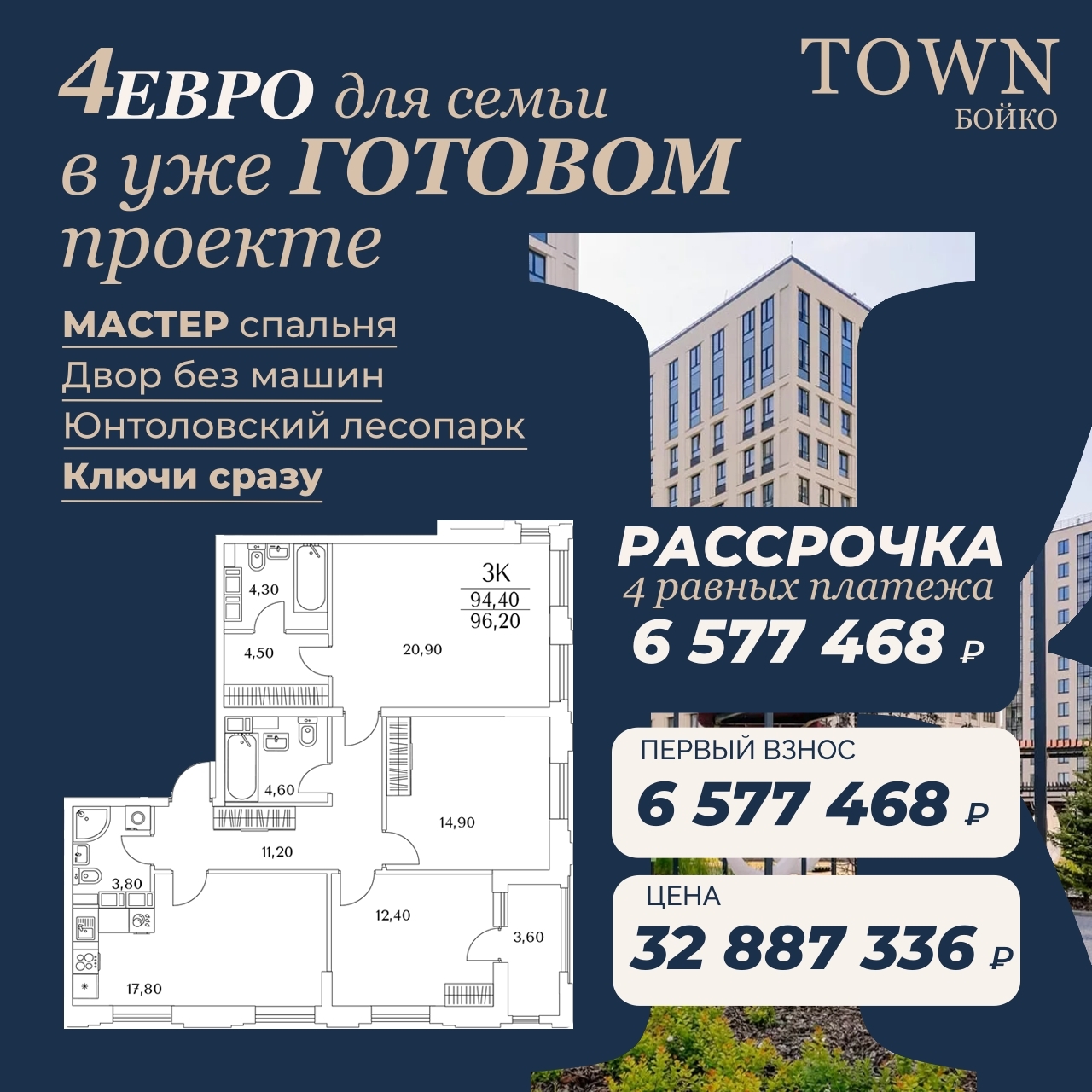 Большая семейная квартира с мастер спальней, дом сдан! Иногда рассрочка