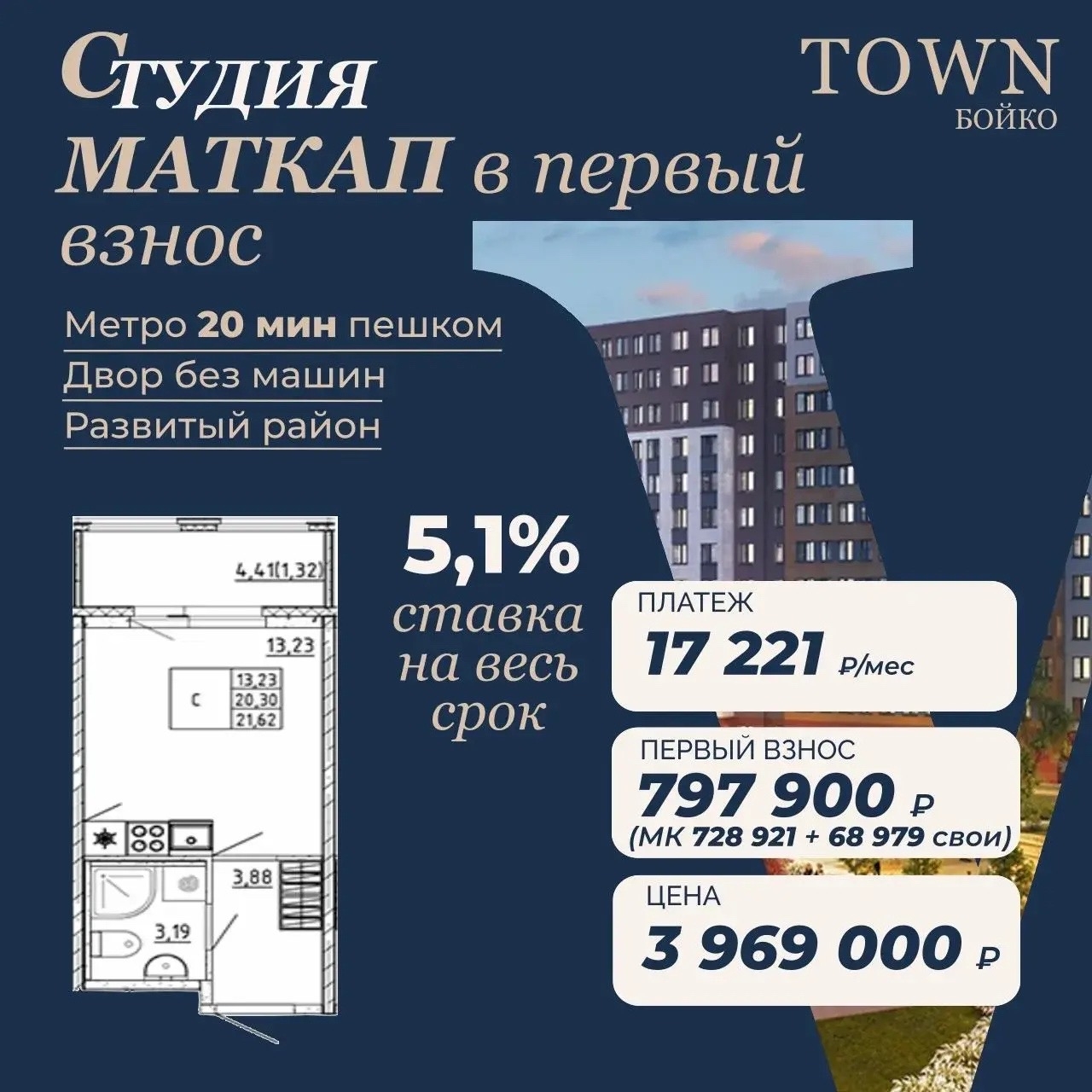 Студия с маткапиталом в первый взнос и платежом 17 221