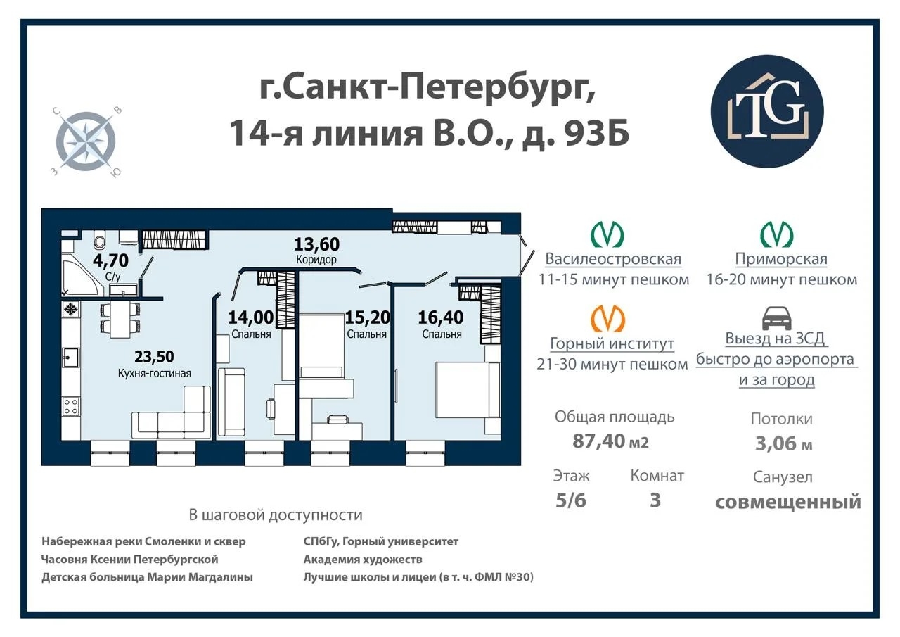 3-комнатная квартира на Васильевском острове Вариант во вторичке для тех,