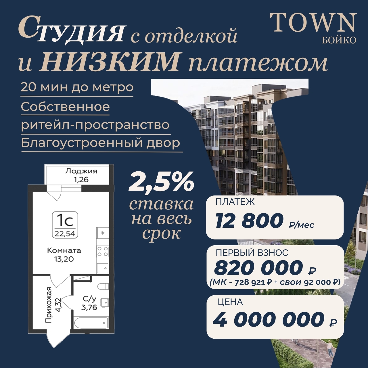 Студия с платежом 12 800 ₽ в месяц Первый взнос
