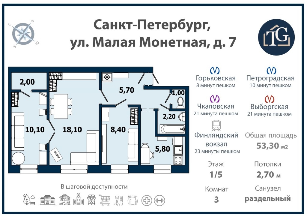 3-комнатная квартира у метро Горьковская Трёхкомнатная квартира 53,3 м², на