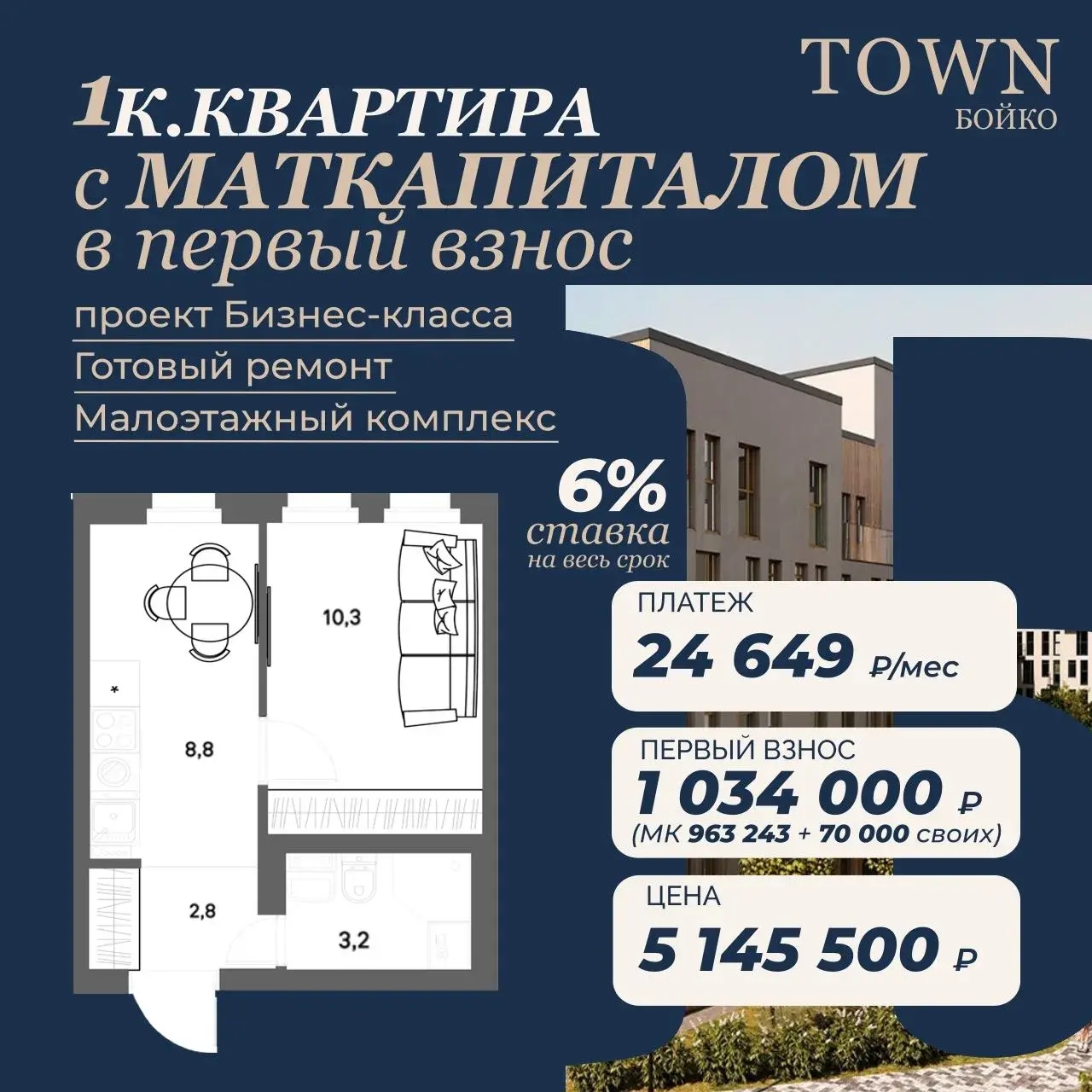 1-комнатная квартира для студента или под аренду Квартира 25,10 м²