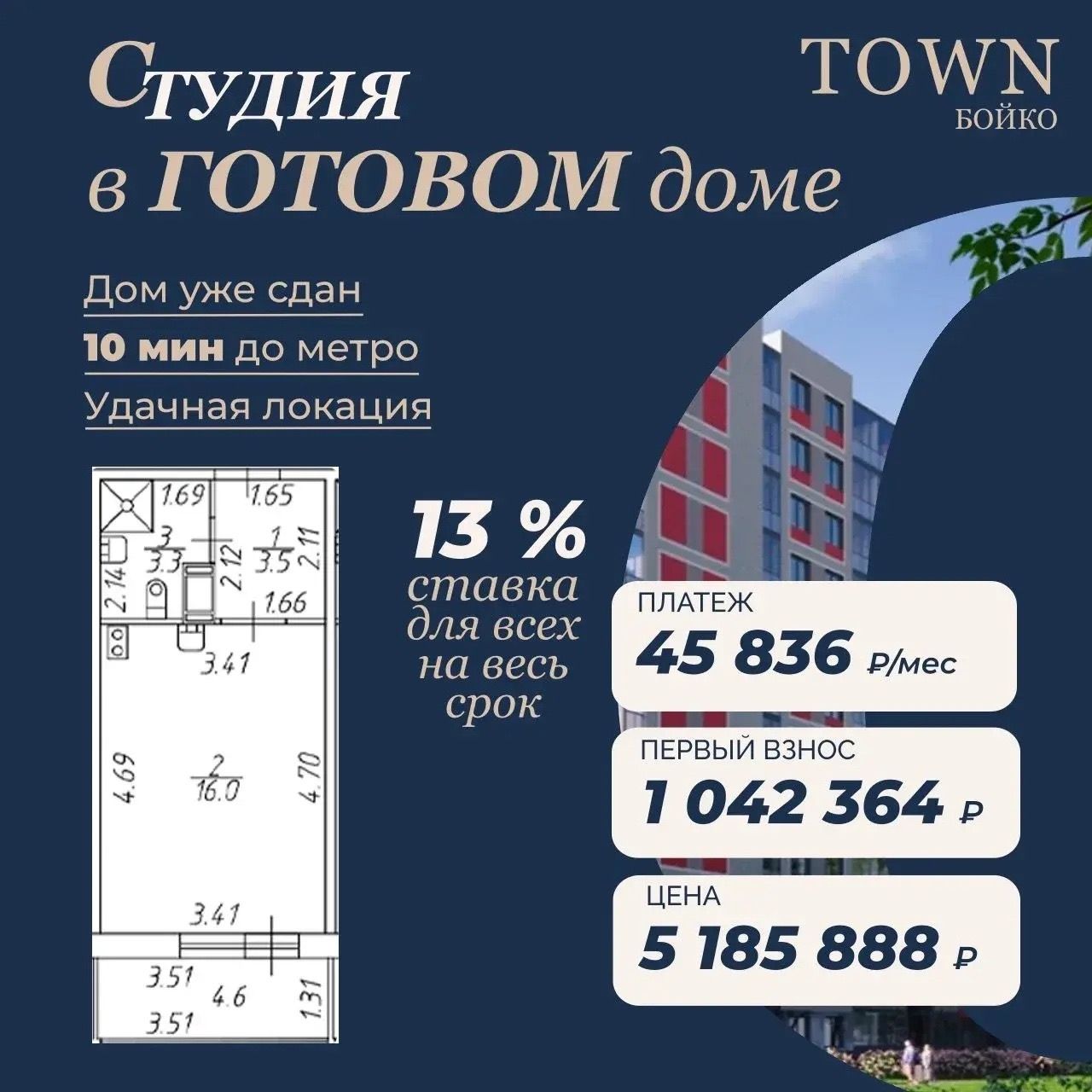 Студия в сданном доме для всех. Дом сдан. Студия 24,18
