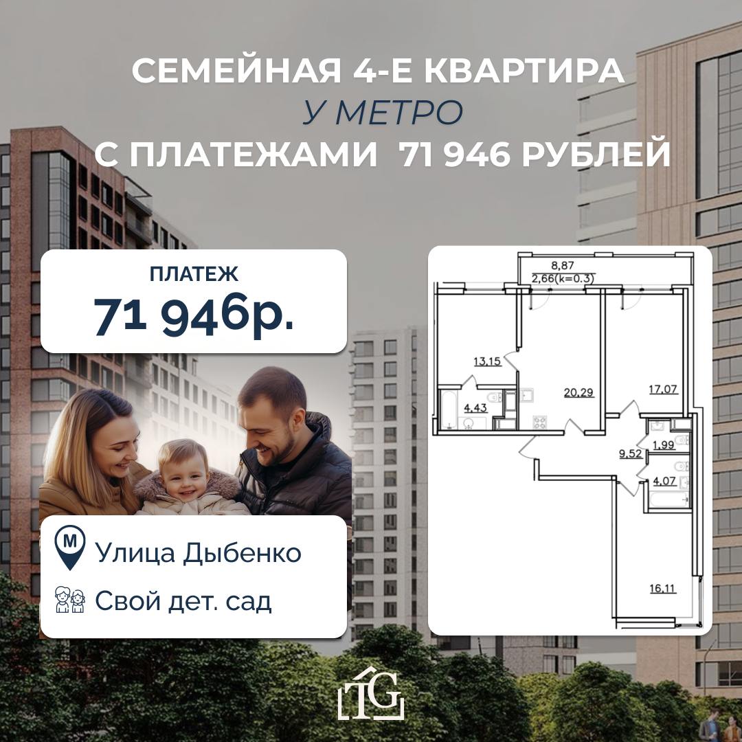 Семейная 4-е комнатная квартира у метро с платежами 71 946