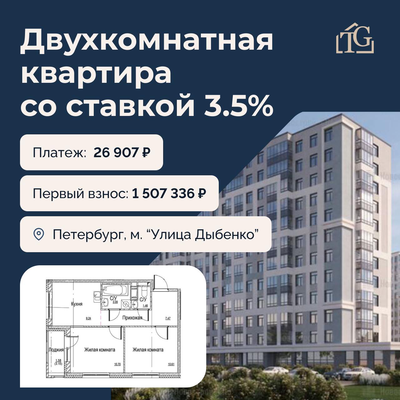 2-комнатная квартира с семейной ипотекой — платёж всего 26 907 ₽