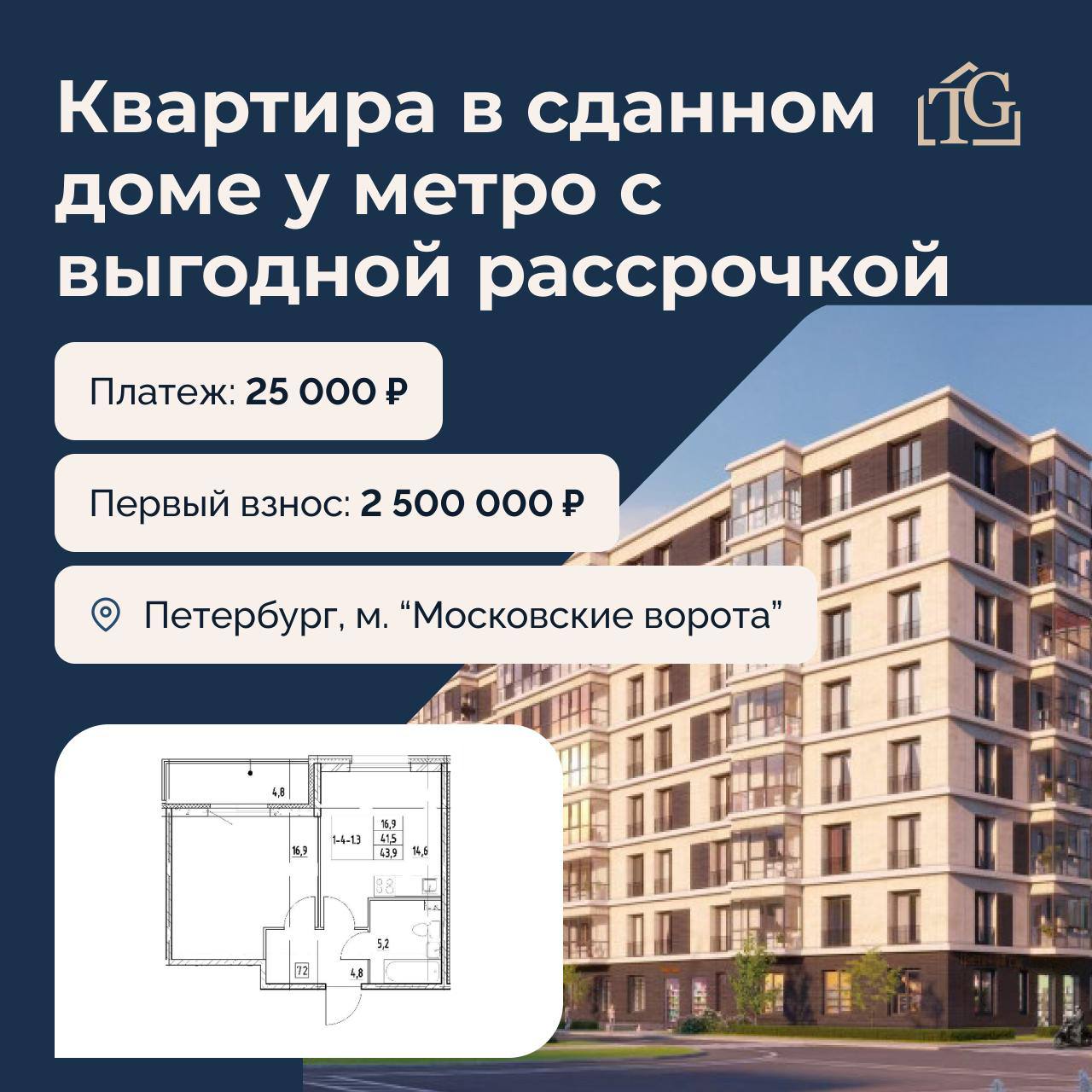 Квартира в центре с платежами по 25 000 ₽ в месяц